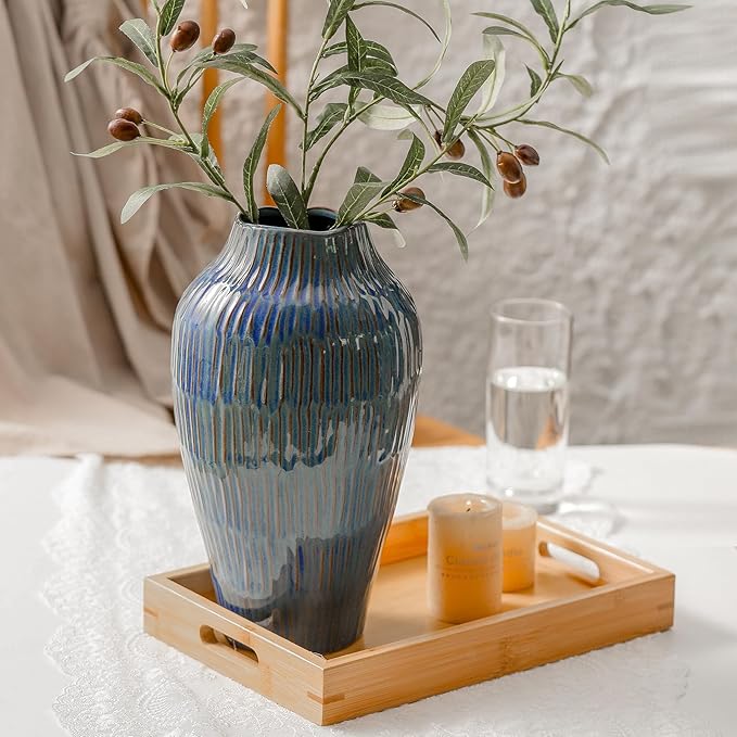 Blue Ceramic Vase for Home Decor,11.6 Inch Flower Vase,Decorative Vases for Pampas Grass,Modern Art Texture Vases for Home Entryway Living Room Dining Table Farmhouse Office Decor-Blue