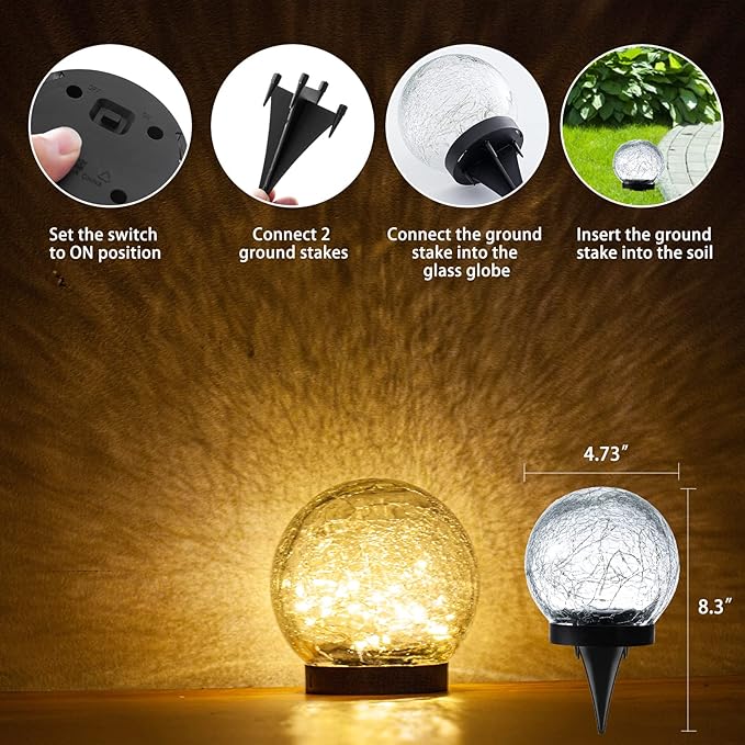 Solar Lights Outdoor Garden Decorative - 2 Pack Solar Globe Lights Upgrade Waterproof with 30 LEDs Cracked Glass Ball Lights for Yard Patio Pathway Lawn Outside Decor (4.73") Warm White