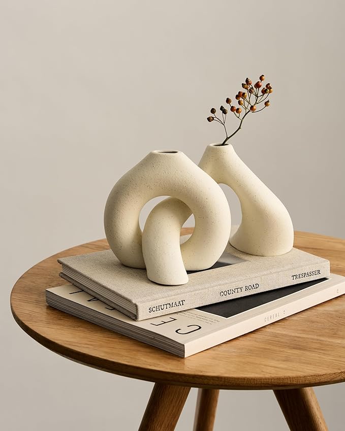 NOBULA White Ceramic Donut Vases โ Modern Home Decor for Living Room, Bedroom & Table Centerpiece - Minimalist Nordic โ Unique Vases for Olive Plant & Flowers โ Decorative Coffee Table Vase Set of 2