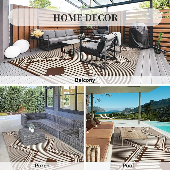 MontVoo Outdoor Rug 8x10 Waterproof Patio Rug-Outdoor Carpet Mat Reversible Plastic Straw Outside Outdoor Rug for RV Camping Picnic Balcony Backyard Pool Deck Porch Modern Boho Beige Brown