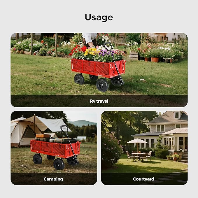 SUNNYFEEL 900 Lbs Capacity Heavy Duty Mesh Steel Garden Cart,Folding Utility Wagon with Removable Side Nets, Non-Slip Rubber Base, Red,Upgraded Version