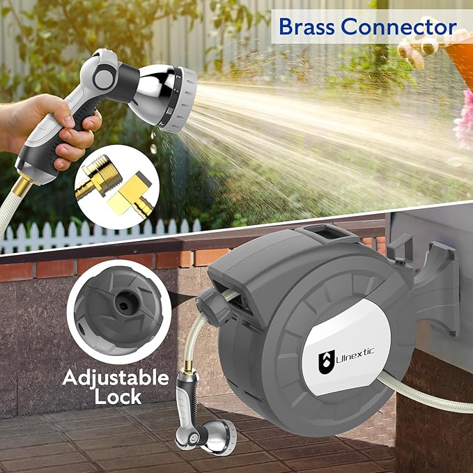 Retractable Garden Hose Reel,1/2 in x 50 ft Wall Mounted Hose Reel,10-Pattern Spray Nozzle, Any Length Lock/Slow Return System/Wall Mounted/180°Swivel Bracket