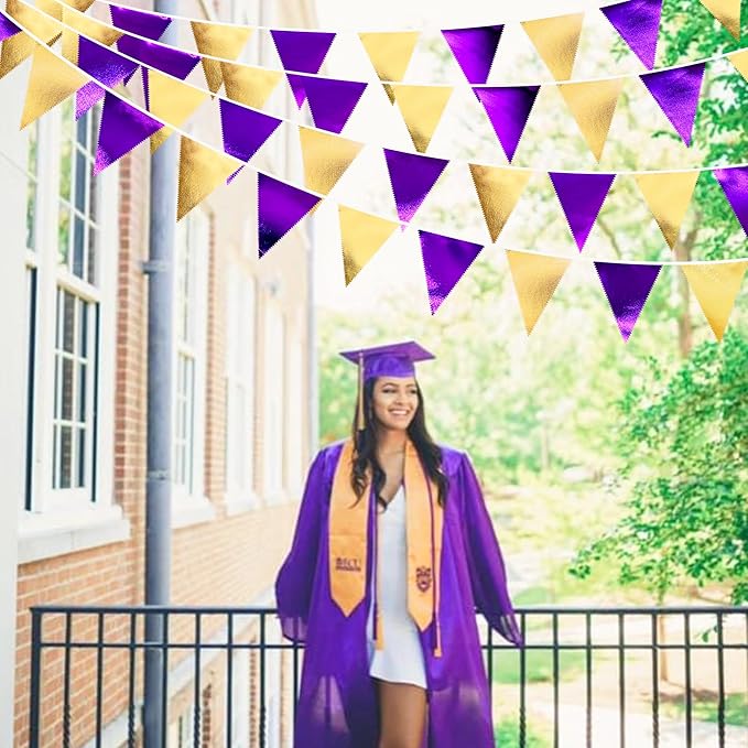 Purple and Gold Party Decorations Metallic Fabric Triangle Pennant Banner Flag Bunting Garland for Graduations Birthday Retirement Wedding Baby Shower Bachelorette Halloween Outdoor Party Supplies