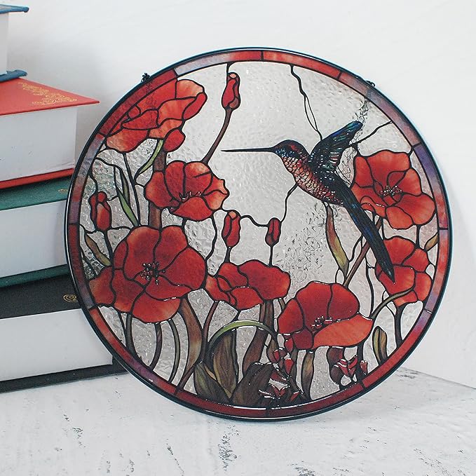 7.8'' Hummingbird Suncatcher Stained Glass Suncatchers - Originally Designed Hummingbird Red Poppies Ornament for Sun Catcher Indoor Window | Gifts for Hummingbird Lovers Painted Glass Panel Decor