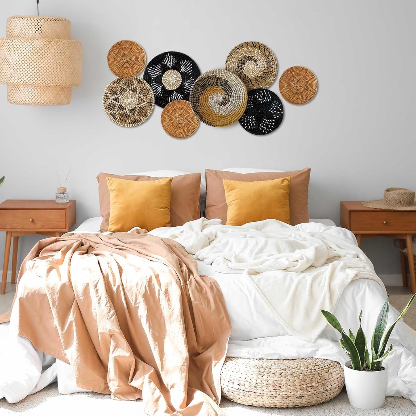 Xuhal Set of 8 Hanging Woven Wall Basket Handmade Decorative Rustic Boho Basket Decor Handcrafted Wicker Round Seagrass Wall Art for Home Kitchen Farmhouse Table Living Room(Vintage)