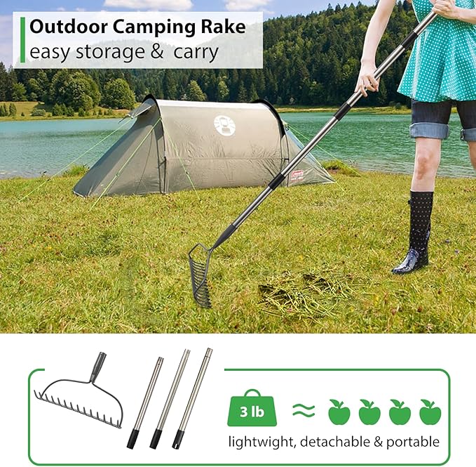 Rake for Leaves, Garden Bow Rake for Lawns Heavy Duty, 5 ft Back-Saving Long Handle, 14 Metal Tines, Yard Gardening Tools for Loosen Soil, Clear Gravel Grass Rock, Level Mulch