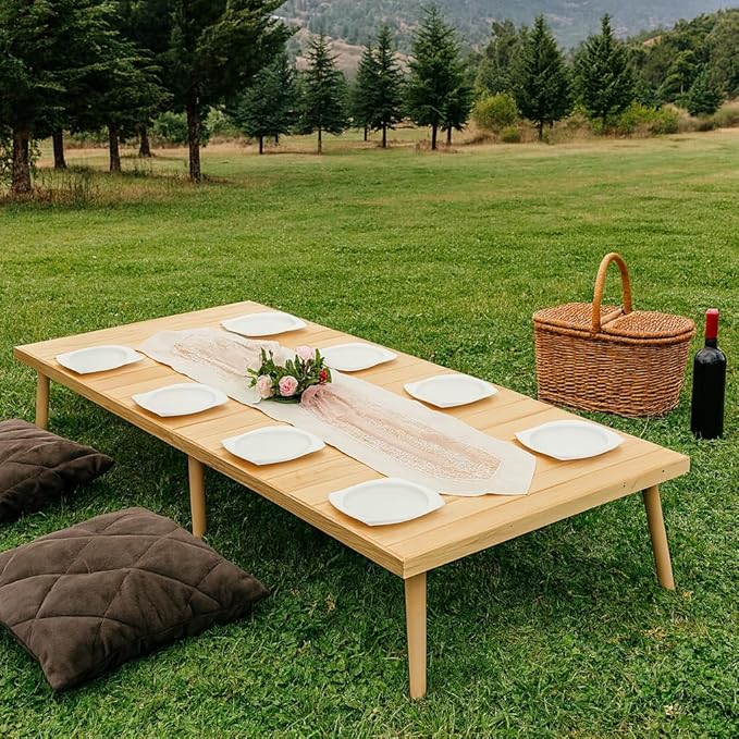 Portable Wooden Folding Table, Picnic Table,Floor Table,Natural Pine, 43x21 Inch, Low Height Design for Picnic, Camping, Coffee Service, Bohemian Style