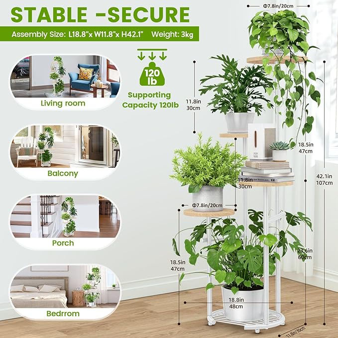 TOSKING 5 Tier Metal Plant Stand Indoor, Plant Shelf, Corner Shelf Flower Pot Stand for Outdoor Plant Stand for Living Room Balcony Garden Patio Bedroom (White and Wood, 42in)