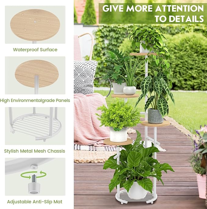 TOSKING 5 Tier Metal Plant Stand Indoor, Plant Shelf, Corner Shelf Flower Pot Stand for Outdoor Plant Stand for Living Room Balcony Garden Patio Bedroom (White and Wood, 42in)