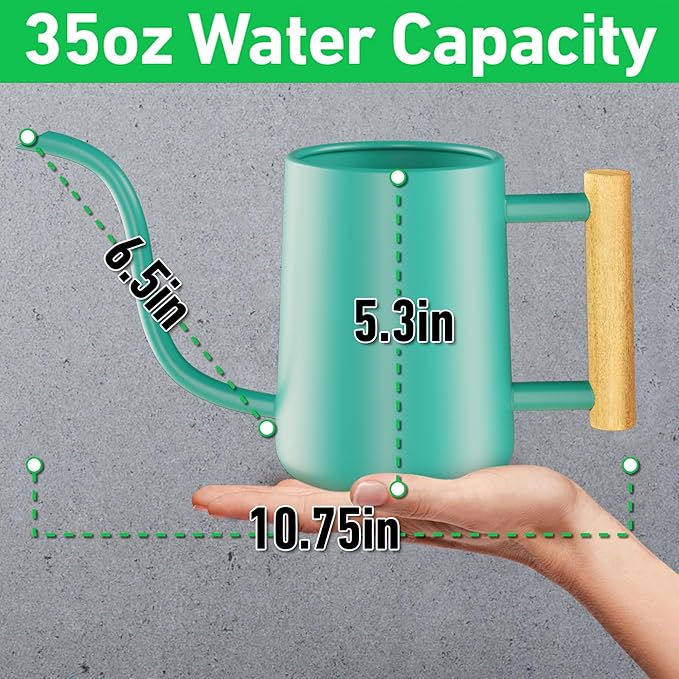 35 oz Metal Small Indoor Watering Can with Long Spout & Real Wood Handle for House Plants, Succulents, Cacti & Seedlings - Green Long Spout Watering Can Indoor Plants - Stylish, Gentle Flow, No Spills