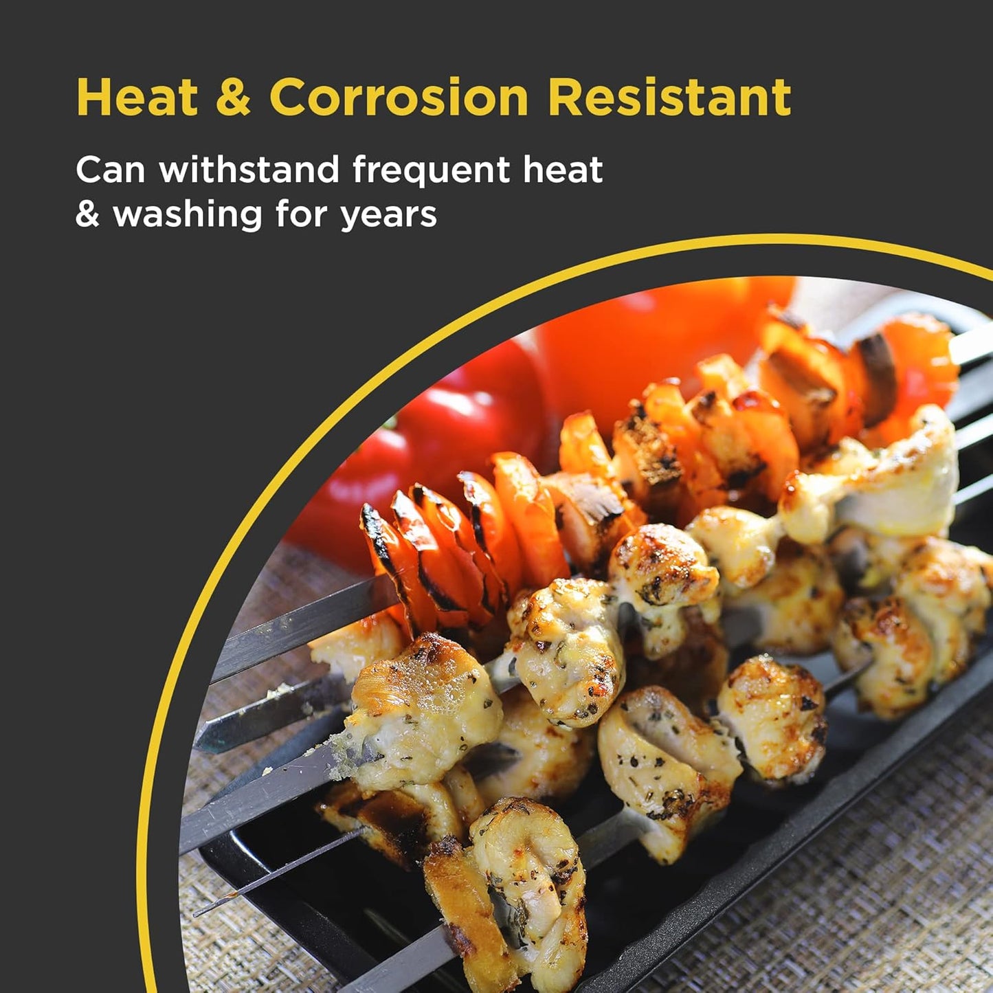 O-Yaki Flat Metal Kabob Skewer for Grilling – Set of 8 BBQ Skewers Stainless Steel with Storage Bag, Dishwasher Safe Skewers with Hook Handle & Sharp Tip for Outdoor BBQ, Cookouts & Oven Use – 9 Inch