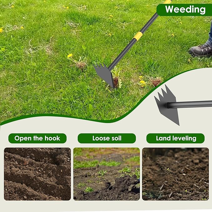 Upgraded Dual Headed Hoe and Cultivator,Garden Hoe with Adjustable Handle for Weeding, Digger, loosening Soil, Sowing Metal Garden Triangles Hoe with Rake Tiller Cultivator (17-73 Inch)