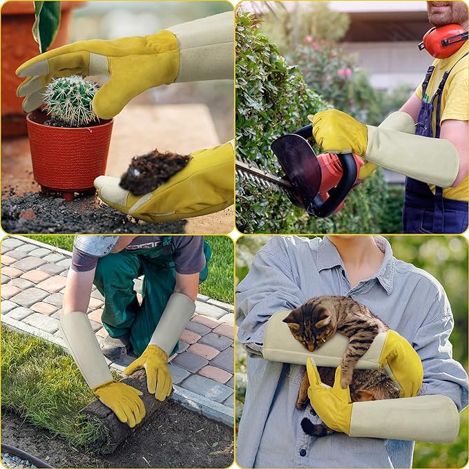 HANDLANDY Rose Pruning Gardening Gloves for Men Women, Thorn Proof Forearm Protection Leather Garden Gloves, Gardening Gifts for Gardeners (Yellow- Goatskin, X-Large (Pack of 1))