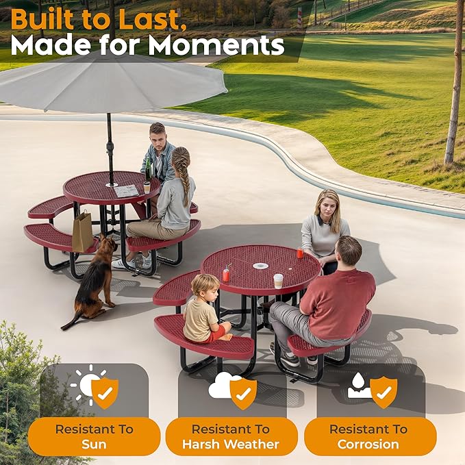 Metal Picnic Tables for Outdoors with Umbrella Hole - Coated Steel Heavy Duty Commercial Grade Table with Adjustable Seats (Red, 38 in, Round, Expanded Steel)