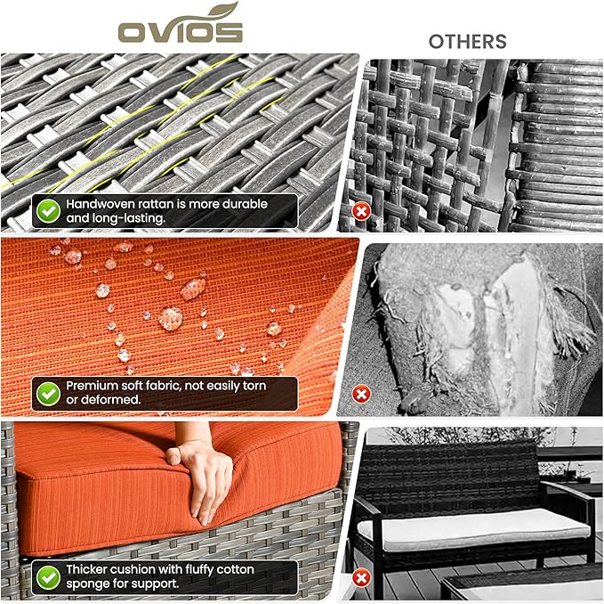 ovios 7 Pieces Patio Furniture Set with 42" Fire Pit Table, Outdoor Wicker Sofa with Swivel Chairs, All Weather High Back Rattan Couch Conversation Set, Orange Red
