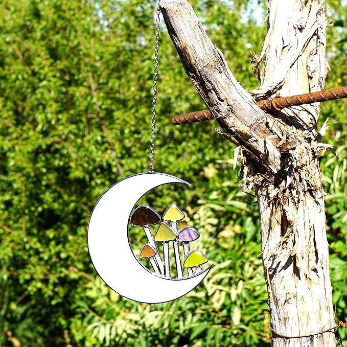 Sensory4U Mushroom Moon Stained Glass Suncatcher - Earth Tone Modern Window Hanging Wall Art - Home Decor or Garden Suncatcher for Natural Light Reflection