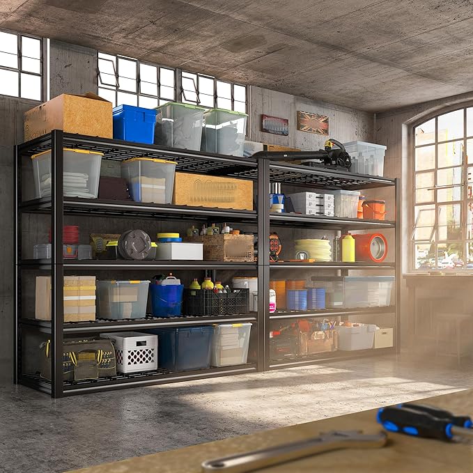 REIBII 48.2''W Garage Shelving Heavy Duty Metal Shelving 3000LBS Storage Shelves Adjustable Metal Shelves Industrial Garage Shelf for Warehouse Basement, 4 Pack