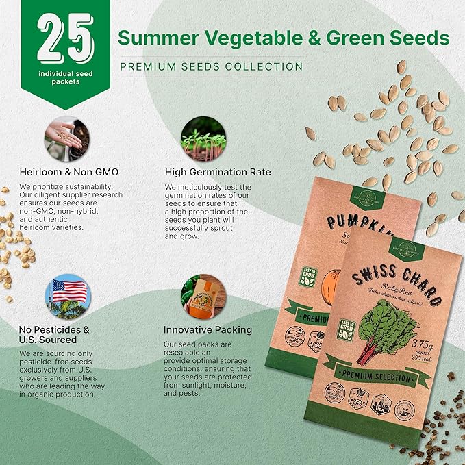 Organo Republic 25 Summer Vegetable Garden Seed Variety Pack - 6,510+ Non-GMO Heirloom Veggie & Greens Seeds for Outdoors & Indoor Home Garden, Including Collards, Pepper, Okra, Onion, Bean, Cucumber
