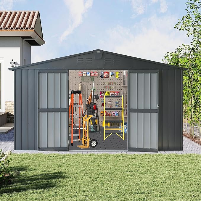 Domi Outdoor Storage Shed 11β x 9β, Metal Sheds with Galvanized Steel Frame & Windows & Lockable Door, Garden Shed Tool Storage Room for Patio, Grey