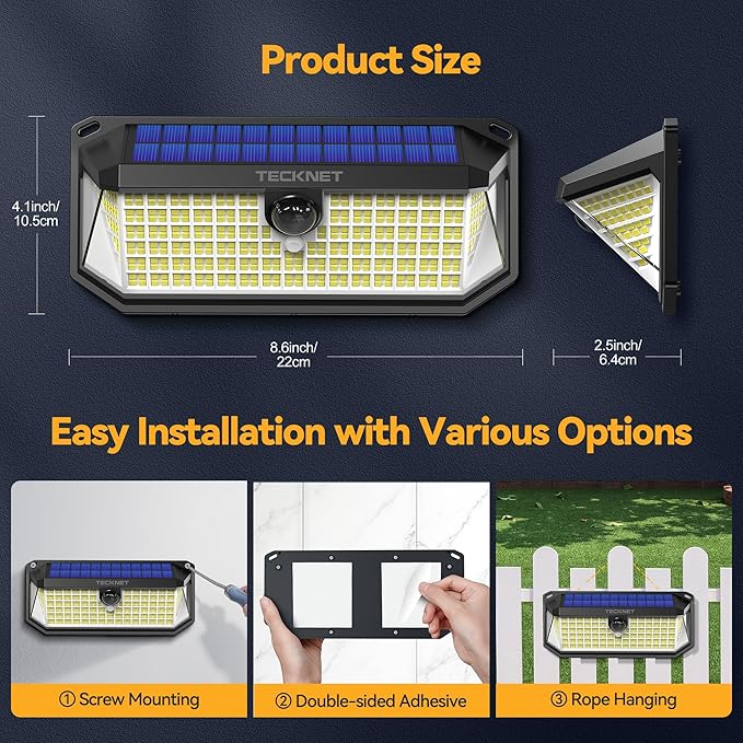 TECKNET 4200Lm 416 LED Solar Lights Outdoor Waterproof, 300° Angle & 3 Lighting Modes Motion Sensor Outdoor Lights, 2 Pack Security Solar Light IP66 for Fence Front Door Yard - 1 Pack