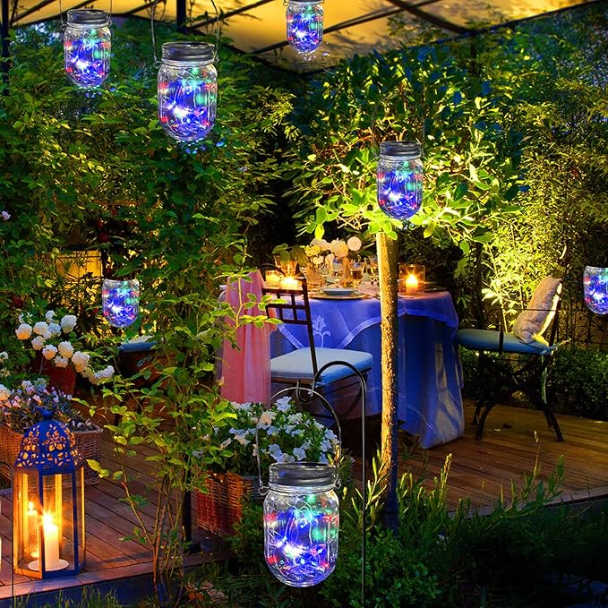 Hanging Solar Mason Jar Lights,ZQX 2 Pack 20 Led String Hanging Mason Jar Lanterns for Outdoor,Great Decor Light for Outside Patio Garden Yard Fence Wedding Table,Hangers and Jars Included(Multicolor)