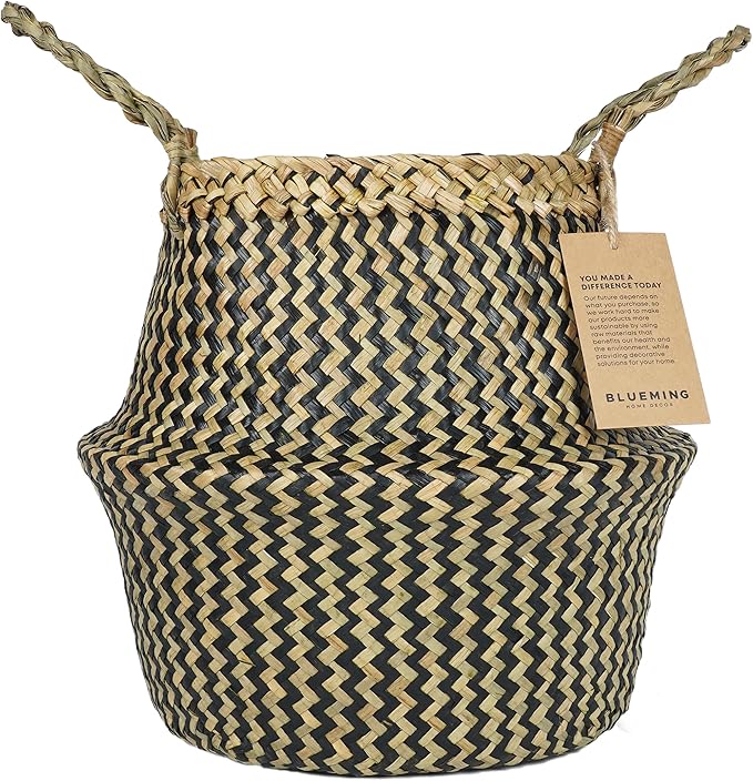 Olive Tree Basket β Small Seagrass Plant Pot for Tall Indoor Artificial Trees, Woven Planter 8-9 Inches, Wicker Baskets for Decorative Storage (Black, Medium)