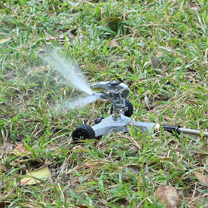 STYDDI Metal Pulsating Sprinkler on in-Series Metal Wheeled Base, Adjustable Circular Water Sprinkler for Medium to Large Circular Lawn, Yard, Garden and Large Areas, Coverage up to 6,360 Sq. ft