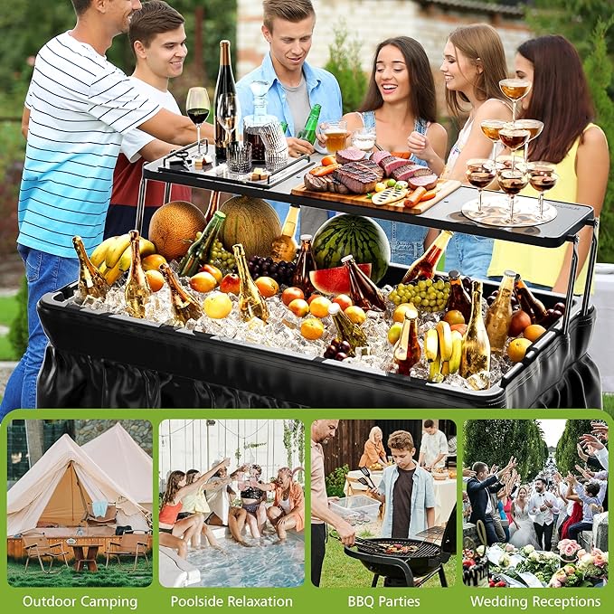 Outdoor Ice Cooler Folding Table with Extra Storage Shelf,Ice Tables for Parties with Drain,Cooler Server for Camping, Picnic, Wedding, BBQ, Black