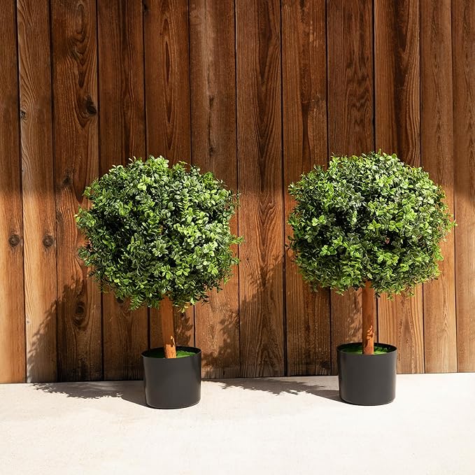 Premium 14" Diameter Artificial Boxwood Topiary – Set of 2 Faux Plants in Black Decorative Planters – UV-Resistant, Weatherproof, Realistic Outdoor & Indoor Greenery Accent