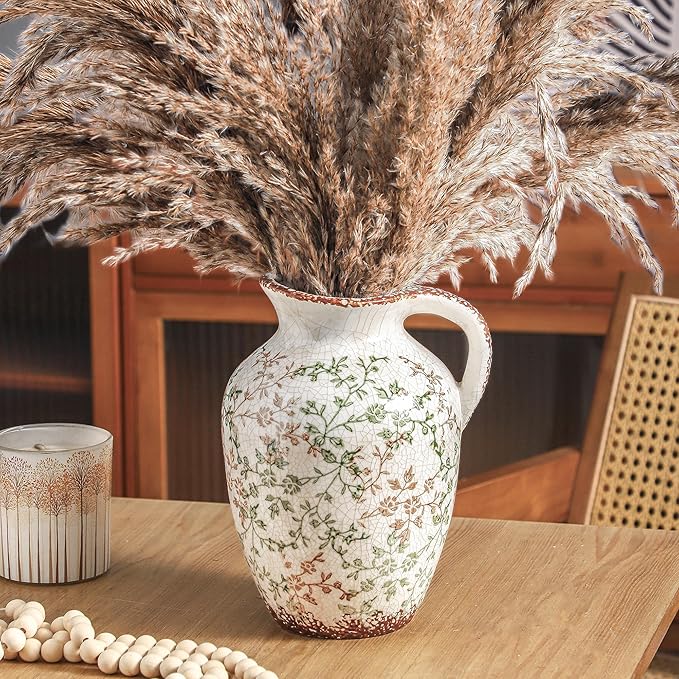 Enra Vintage vase,Ceramic Chinoiserie Floral Vase,Green and Beige Decorative Flower vase,Large Rustic Vases for Home Decors, Living Room, Bookshelf, Office,9.7 inch