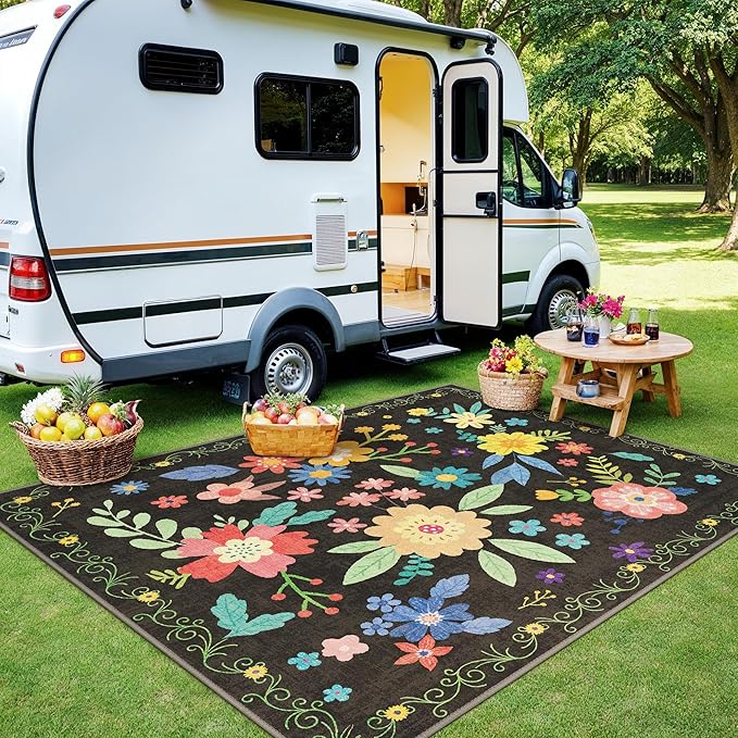 GENIMO Indoor Outdoor Area Rug 5' X 7' Waterproof, Washable Patio Rug Non Shedding, Easy Cleaning Floral Outdoor Carpet for Living Room, Bedroom, Dining Room, Balcony, Backyard, Deck, RV, Black