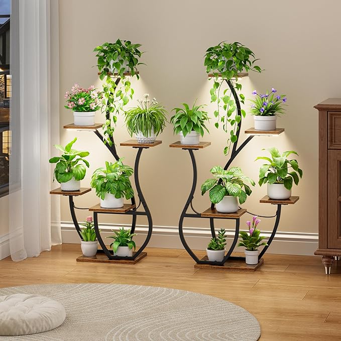 Plant Stand Indoor with Grow Lights - 2 Pack Indoor Plant Shelf, 6 Tiered Corner Plant Stands for Indoor Plants, Swan-Shaped Plant Holder, Metal Flower Display Rack for Living Room, Patio Decor(Black)