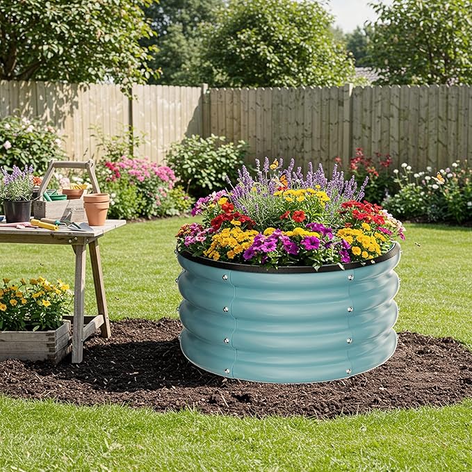 ZXZYHFTY Round Galvanized Raised Garden Bed kit, Blue Outdoor Garden Raised Planter Box, Round Large Metal Raised Garden Beds for Vegetable 2 * 2 * 1ft 1 Pack