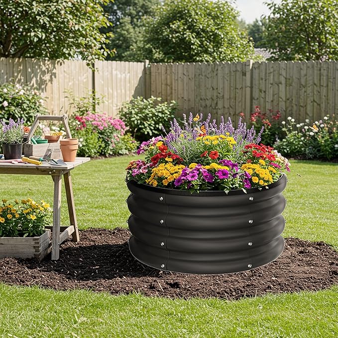 ZXZYHFTY Round Galvanized Raised Garden Bed kit,Black Outdoor Garden Raised Planter Box, Round Large Metal Raised Garden Beds for Vegetable 2 * 2 * 1ft 3 Pcs