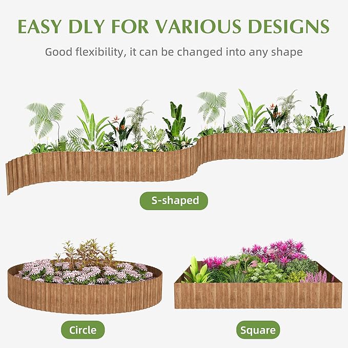 Metal Garden Edging Border, Corrugated Steel Landscaping, DIY for Lawn (Rusty, 8 Inch x 10FT)