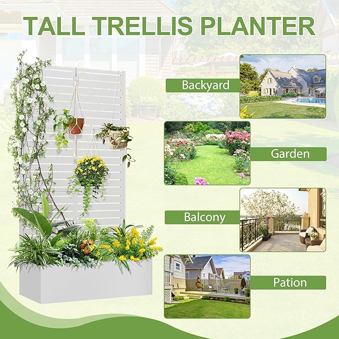 Trellis for Climbing Plants Outdoor,Mental Garden Bed with Drainage Holes Outdoor Privacy Screen Design Tall planters for herb Flower Vegetables 73"x35"x16", White-Louvered