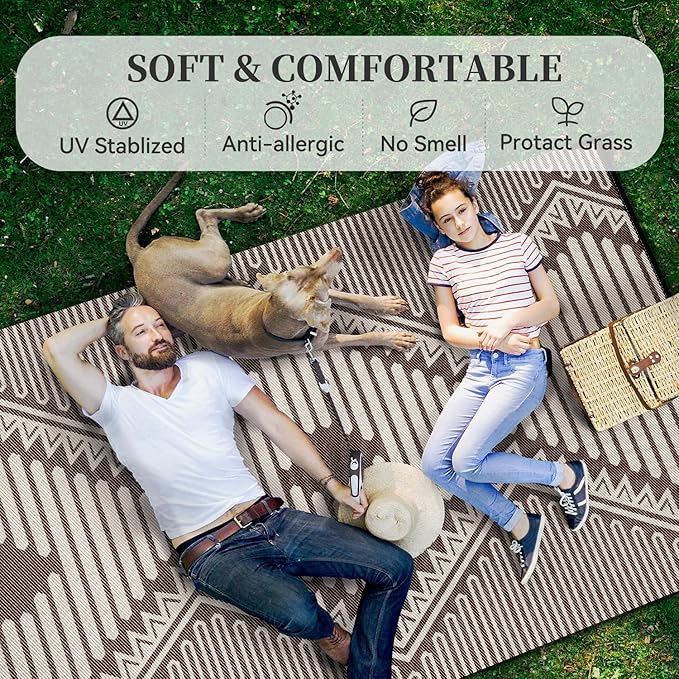 MontVoo Outdoor Rug 8x10 Waterproof Patio Rug-Outdoor Carpet Mat Reversible Plastic Straw Outside Outdoor Rug for RV Camping Picnic Balcony Backyard Pool Deck Porch Modern Boho Beige Brown