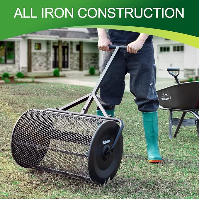 Walensee 24 Inch Compost Spreader Peat Moss Spreader with Upgrade T Shaped Handle for Planting Seeding Durable Lightweight Metal Mesh Spreader for Lawn and Garden Care Manure Spreaders Roller Patented