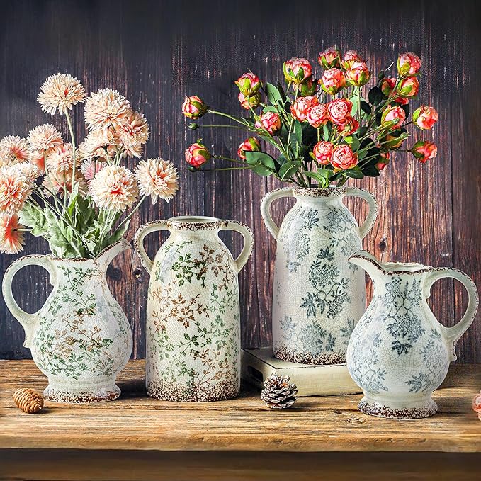 Enra Large Vintage Green and Beige Ceramic Chinoiserie Floral Vase, 11.2 Inch Rustic Decorative Flower Vase for Home, Living Room, Kitchen, or Office – Pastoral Retro Design