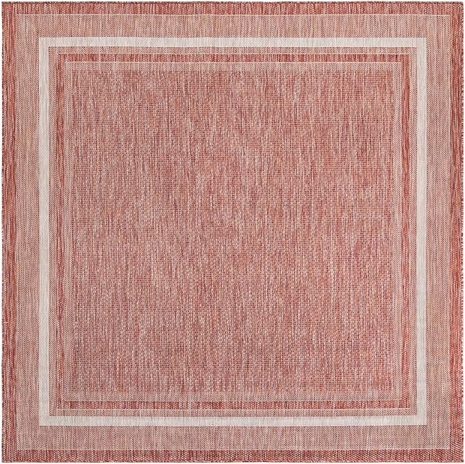 Unique Loom Outdoor Border Collection Area Rug - Soft Border (7' 10" Square Rust Red/Ivory)