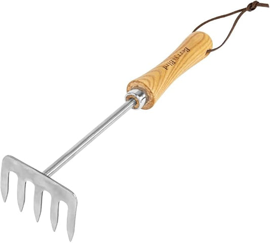 Berry&Bird Premium Hand Rake for Gardening, 5 Tines Hand Tiller Hand Cultivator Small Rake Garden Tool with Wood Handle, Ideal Garden Hand Tools for Digging, Aerating, Weeding and Loosening Soil