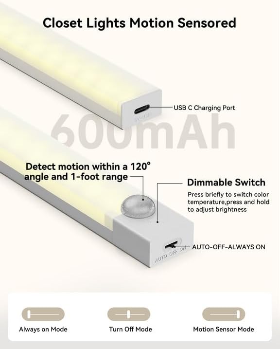 Under Cabinet Lighting 12 Inches Rechargeable Motion Sensor Light Indoor - Image 2
