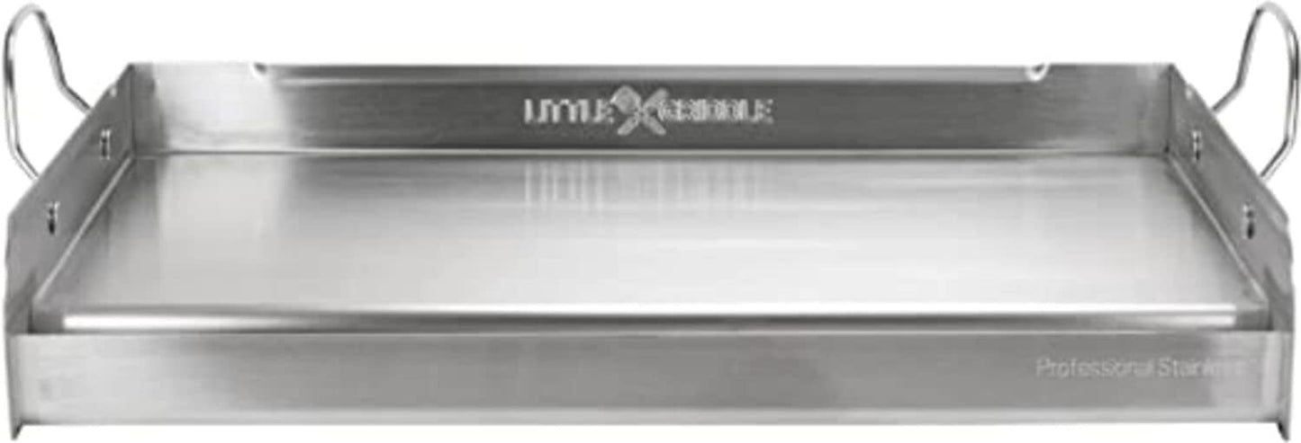 LITTLE GRIDDLE 100% Stainless Steel Griddle with Even Heat Cross Bracing and Removable Handles - For Grills, Camping, Tailgating, Silver, 25" x 16" x 6.5"