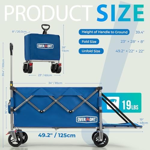 Overmont Collapsible Wagon with Tailgate - 49.2" Extended Heavy Duty Foldable Utility Wagon Folding Cart with All-Terrain Wheels for Outdoor Camping Sports Garden Beach Grocery - 300lbs Support