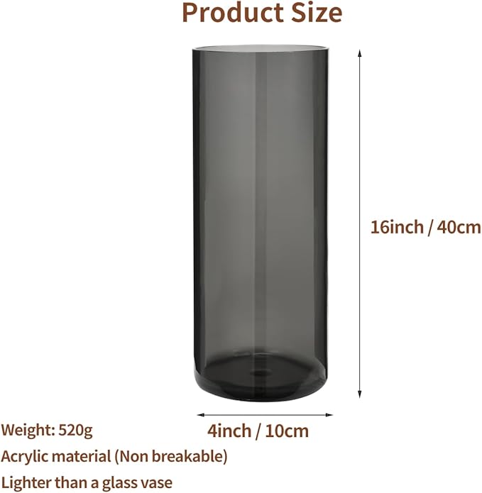Flower Vase, Non-breakable Vases, 4" W x 16" H, Acrylic Grey Vase, Aesthetic Room Decor Cylindrical Modern Flower Vases for Table Centerpiece, Home Decor, Women Floral Arrangement Gift