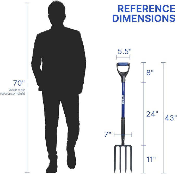 WIKER Pitchfork,Pitchforks for Gardening Digging Composting Spading,4Tines Garden Fork witn Fiberglass Handle,43 Inches