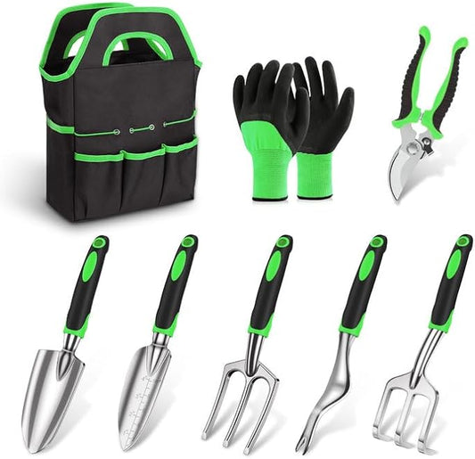sungwoo Garden Tool Set 8 Piece, Heavy Duty and Lightweight Aluminium Alloy Tools with Ergonomic Handle, Storage Tote Bag, Gardening Hand Tools, Gardening Gifts for Women and Men Green