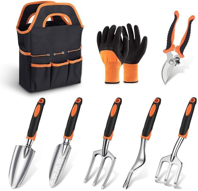 sungwoo Garden Tool Set 8 Piece, Heavy Duty and Lightweight Aluminium Alloy Tools with Non-Slip Ergonomic Handle, Storage Tote Bag, Gardening Hand Tools, for Women and Men Orange
