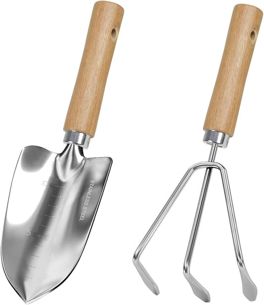 Garden Tool Set, 2 Pieces Stainless Steel Heavy Duty Garden Tools, Gardening Kit with Wooden Handle Garden Hand Tools, Durable Garden Tools for Gardening, Gardening Gifts for Women Men