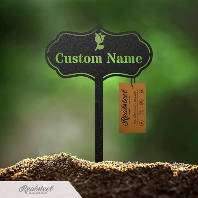 RealSteel – Customizable Seed & Plant Markers - Outdoor Herb Garden Stakes - Elegant Fruit/Vegetable Labels - Steel Plant Tags for Pots - Classy Design for Farmhouse/Greenhouse – Rose Icon